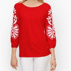 Talbots Red Embroidered Sleeve Knit Top Blouse with White Floral Accents XS ❤️❤️